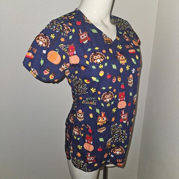 Zoe + Chloe Thanksgiving Scrubs Top Shirt XS Blue Orange Owl Turkey Pilgrim Pie - Picture 4 of 8